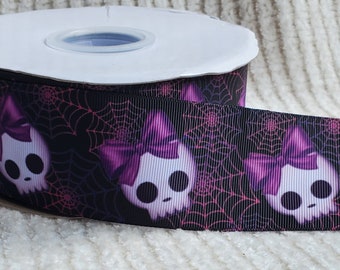 5 yards of 2" Grosgrain Ribbon - Purple & Black Bow Skulls Spiderwebs Spooky Halloween Ribbon
