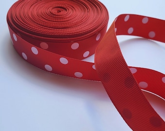 5 yards of 7/8" Grosgrain Ribbon - Red and White Polka Dot Print