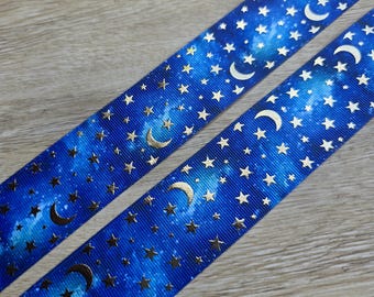 5 yards of 1.5" Blue with Gold Foiled Moon and Stars Print Grosgrain Ribbon