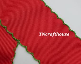 5 yards of 2.25" Moonstitch Grosgrain Ribbon - Red with Green looped stitching 2 & 1/4