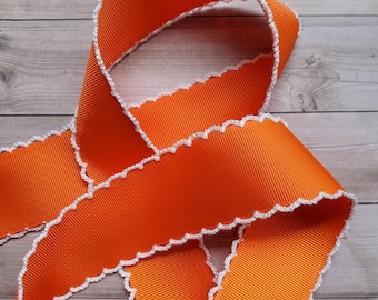 5 yards of 1.5" Moonstitch Grosgrain Ribbon - Orange with White looped stitching 1 & 1/2