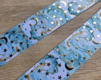 5 yards of 1.5" Aqua Blue Green with Gold Foiled Moon and Stars Print Grosgrain Ribbon