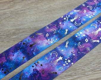 5 yards of 1.5" Purple & Blue with Gold Foiled Outer Space Galaxy Print Grosgrain Ribbon