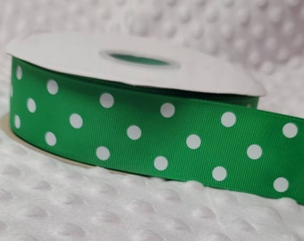 5 yards of 1.5" Grosgrain Ribbon - Emerald Green and White Polka Dots Print