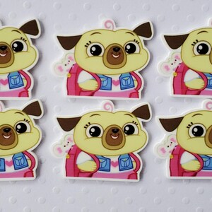 May include: Six yellow and brown cartoon pug dog characters with pink backpacks and blue denim vests. Each character has a small white mouse on their back. The characters are on a white background with a subtle pattern.