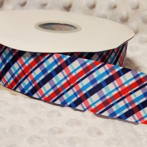 5 yards of 1.5" Grosgrain Ribbon - Red, White, and Blue Plaid Print