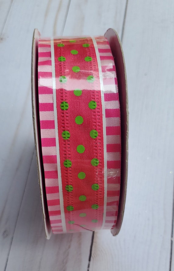 1.5 Wired Hot Pink, Lime Green, and White Stripes and Dots Fabric Ribbon 25  Yard Roll Brand New Sealed 1 & 1/2 Inches Wide 