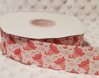 5 yards of 1.5" Grosgrain Ribbon - Pink and White Axolotl Print
