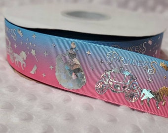 5 yards of 1.5" Grosgrain Ribbon - Princess Blue Pink Ombre Holographic Foil Print