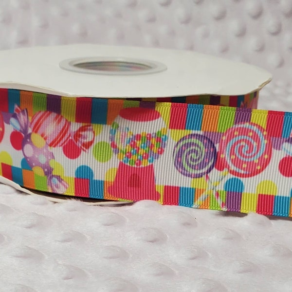 5 yards of 1.5" Grosgrain Ribbon - Sweet Candy Treats Gumball Machines & Lollipops Colorful Bright Print