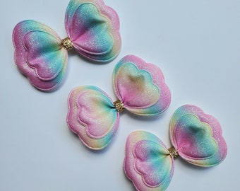 Set of 3 Rainbow Glitter Puffy Bow Padded Appliques