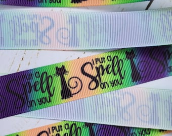 5 yards of 7/8" - I Put a Spell on You Black Cat Halloween Print Grosgrain Ribbon