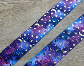 5 yards of 1.5" Purple & Blue with Gold Foiled Moon and Stars Print Grosgrain Ribbon