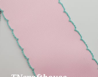 5 yards of 2.25" Moonstitch Grosgrain Ribbon - Light Pink with Mint Green looped stitching 2 & 1/4