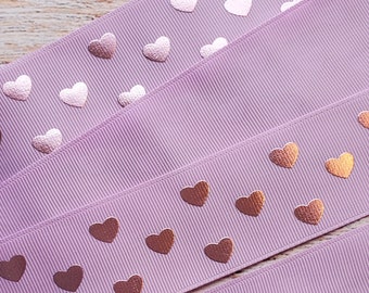 5 yards of 1.5" Light Purple with Light Pink Foiled Hearts Print Grosgrain Ribbon