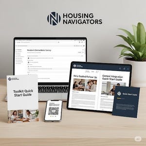 May include: A laptop, tablet, and smartphone display the "Housing Navigators" logo and website content. A "Toolkit Quick Start Guide" booklet and a small card are also present. A potted plant sits in the background on a wooden surface.