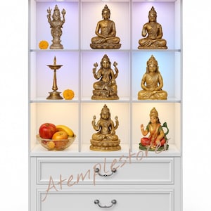 Mandir religioso branco Pooja Mandir de madeira LED Templo Mandir feito à mão Pooja Ghar Mandap para adoração Decoração de casa Presente de inauguração de templo