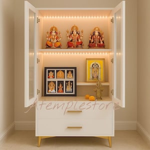 Led Mandir with doors hindu pooja mandir for home, Wooden Temple Handcrafted Mandir Pooja Ghar Mandap For Worship Home Decor Pooja cabinet