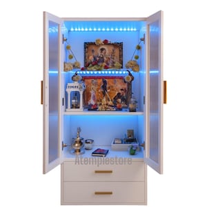 Mandir de madeira branca com portas, mandir hindu Pooja para casa, Mandir Pooja Ghar Mandap feito à mão para adoração, decoração de casa Mahadev Mandir