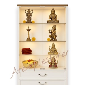 Templo religioso branco Pooja Mandir Led de madeira Templo Mandir feito à mão Pooja Ghar Mandap para adoração Decoração de casa Designer de arte Templo