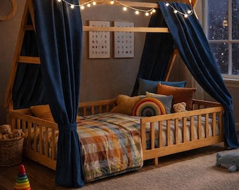 Montessori Bed, Floor Bed, Tent Floor Bed for Kids, Teepee Montessori Floor Bed with Fence and Slats