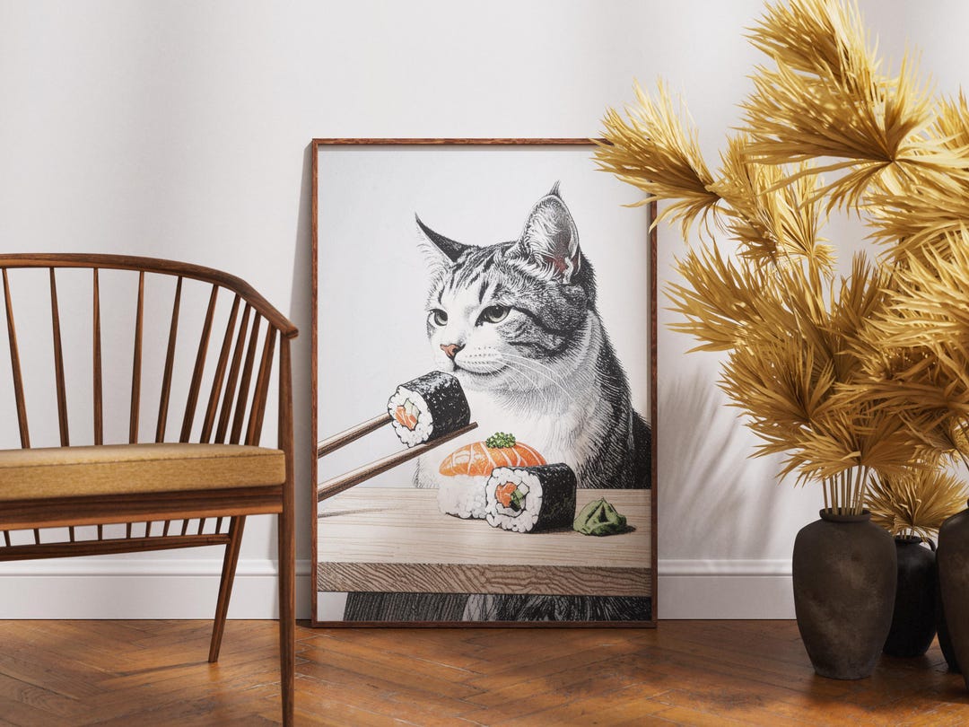 Cute Cat Eating Sushi Art Print – Cute Japanese Food Wall Decor ...