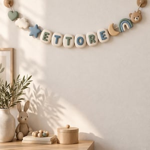 Op de afbeelding: Een decoratieve wandhanger bestaande uit een reeks vormen in gedempte kleuren en letters die de naam ETTORE spellen. De volgorde bevat een groen hart, een witte wolk, een blauwe ster, de letters E-T-T-O-R-E, een halve maan, een regenboog en een berenkop.
