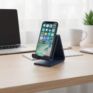 Può includere: Un supporto per smartphone blu scuro con profilo triangolare e texture a coste sulla base e sul bordo di supporto. Il supporto mantiene lo smartphone in posizione verticale, mostrando uno schermo pieno di icone di varie applicazioni.