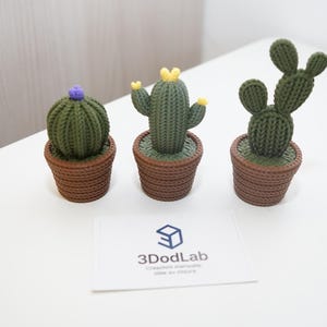 Pode incluir: Três cactos de crochê em vasos marrons. O cacto da esquerda é redondo com uma flor roxa, o do meio é cilíndrico com flores amarelas e o da direita tem formato de palma. Um cartão branco com o texto 3DodLab está em primeiro plano.