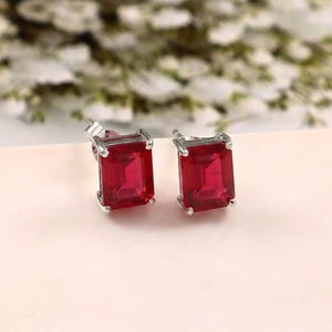 9x7 MM Emerald Cut Red Ruby Stud Earrings in Sterling Silver: Solitaire Earrings For Anniversary Gift