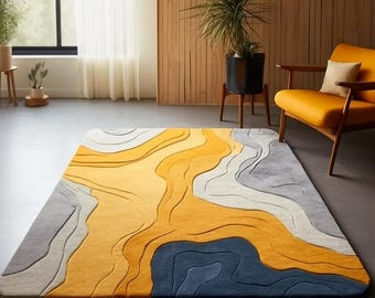 Hand-Tufted Wool Area Rug: Modern Abstract Yellow, Blue & Gray