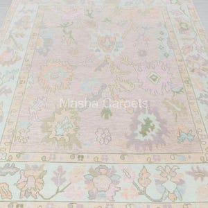 Hand Knotted Oushak Wool Rug: Pink & Blue Turkish Inspired Design