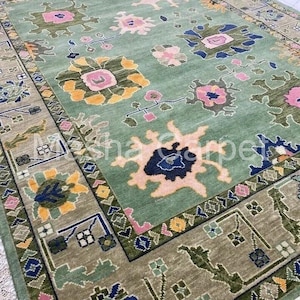 Hand-Knotted Wool Oushak Rug: Verdant Moss Green, Indo Design, 10x13
