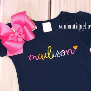 Girls navy personalized shirt, girls name shirt, bow name top Rainbow Outfit Boutique shirt long 6 12 18 months 2T 3T 4T 5T 6 8 birthday