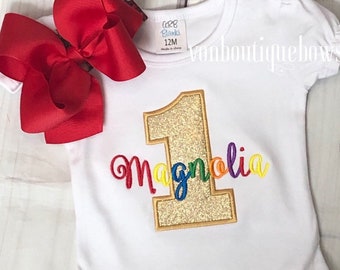 Rainbow party personalized Bow Number Shirt 1st Birthday 2nd 3rd 4th 5th 6th 7th 8th 9th Girl Girls Tank Short Long Sleeve