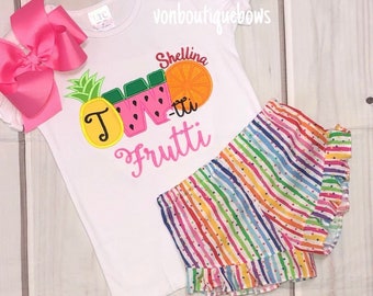 Birthday fruit pineapple orange twotti frutti Bow Personalized Shirt second 2nd two Girl Tank Short Long Sleeve tee ruffle shorts polka dot
