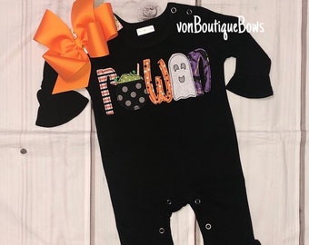 Personalized Halloween Romper: Black Ruffle Long Sleeve, Ghost & Broom, Matching Hairbow