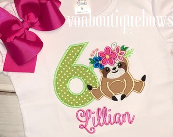 Sloth birthday shirt green bow Zoo Personalized Number Birthday Boutique First 1st 2T 3 4 5 6 8 Girls Applique Short Long Sleeve Shirt