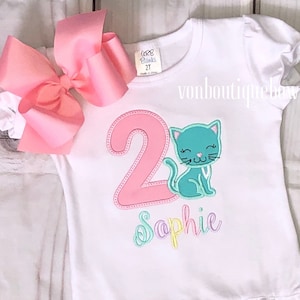 Girls Kitty birthday, girls cat birthday, Matching Boutique Bow Personalized 1st 2nd 3rd 4th 5th 6th 7th 8th 9th, cat birthday outfit