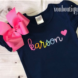 Girls navy personalized shirt, girls name shirt, bow name top Rainbow Outfit Boutique shirt long 6 12 18 months 2T 3T 4T 5T 6 8 birthday