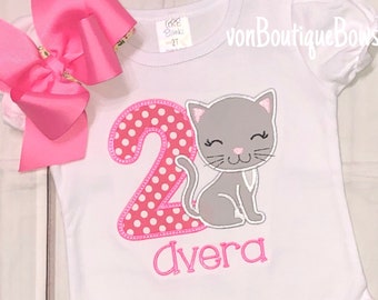 Girls Kitty birthday, girls cat birthday, Matching Boutique Bow Personalized 1st 2nd 3rd 4th 5th 6th 7th 8th 9th, cat birthday outfit