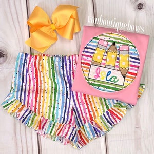 Pencil Back to School First Day of School Boutique Bow Ruffle shorts outfit preschool kindergarten pink Yellow Purple Applique 1st grade