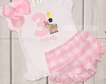 Girls Light Pink Barnyard Birthday Outfit, Gingham Ruffle Shorts Set, Horse party