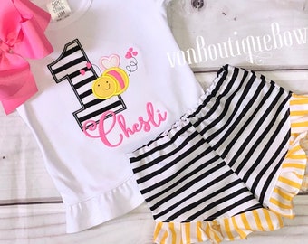 Bumble Bee 1st Birthday Outfit, Applique Shirt, Ruffle Shorts, Hair Bow