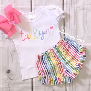Girls Personalized Rainbow Outfit: Embroidered Name Shirt & Ruffle Shorts
