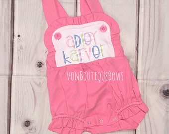 Baby Girls ruffle romper pink white ruffle sun suit, monogram personalized outfit sunsuit girls summer romper 3m 6m 9m 12m 18m 2T 3T
