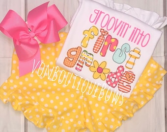 First Grade Outfit: Ruffle Shorts, Boutique Applique Shirt, Bow Yellow Polka Dot Hot pink