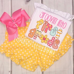 Groovy Back to School First Day of School Boutique Bow Ruffle shorts outfit preschool kindergarten pink Yellow Orange Applique 1st grade