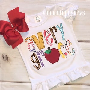 Back to School Custom name shirt girls short sleeve ruffle grey Apple Pencil bookworm glue ruler 6 12 18 24 month 2T 3T 4T 5 6 8 10 girls