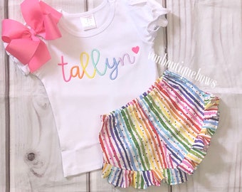 Girls Personalized Rainbow Outfit: Embroidered Name Shirt & Ruffle Shorts